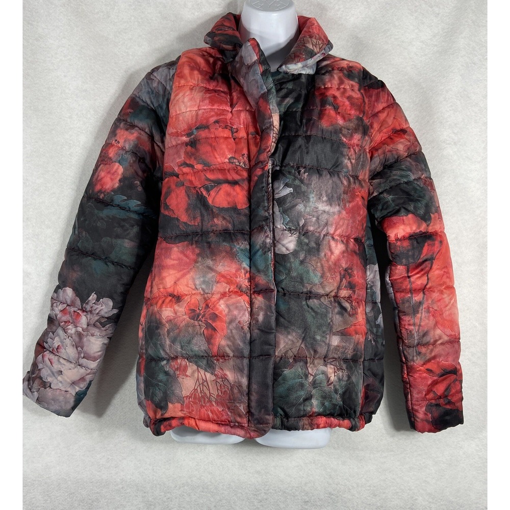 Soft Surroundings Puffer Jacket Women's Medium Red Charcoal Full Zip Pockets